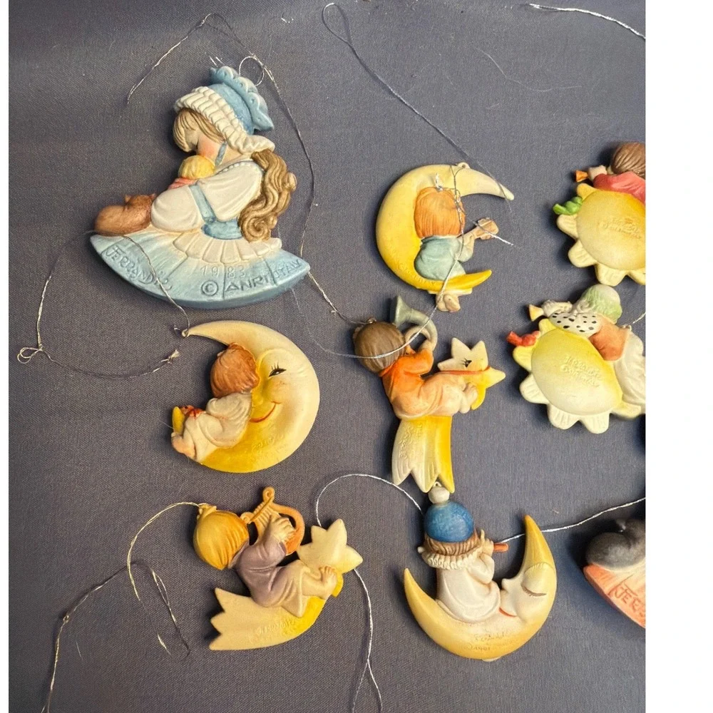 Vintage 9pc Anri Italy Juan Ferrandiz Wood Ornaments Sun Moon Star 1983 Set